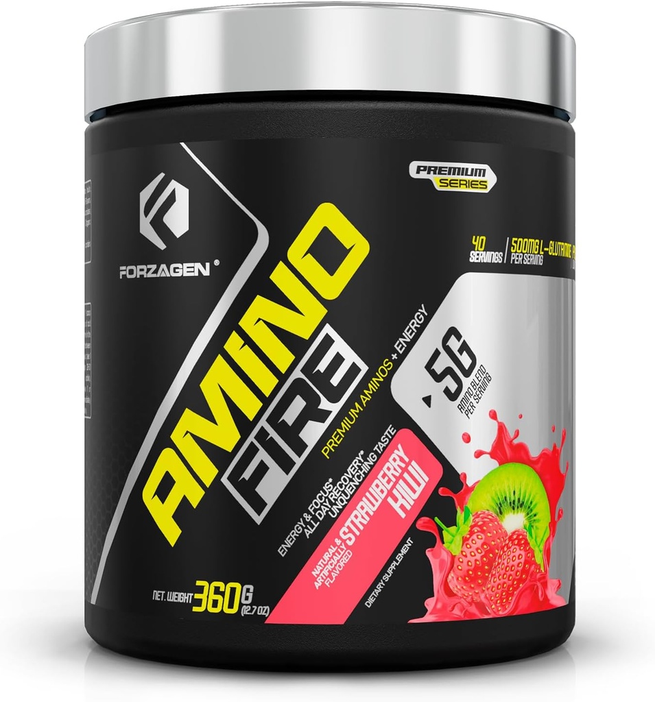 Forzagen Amino Fire • 124; Essential Amino Energy Powder til Pre- Workout • 124; BCAA Energi Boost & Muscle Recovery Drink Mix, Enhance Focus & Concentration, Kosttilskud • 124; Jordbær Kiwi, 40 Servering