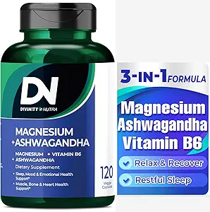 Divinity Nutra Magnesium Ashwagandha Supplement, Calming Magnesium Glycinate & Malate Vitamin B6 til Muskler Bone Health Support Muscle Recovery, Call & Relaxation 468mg 120 ct (2 Month Supply)