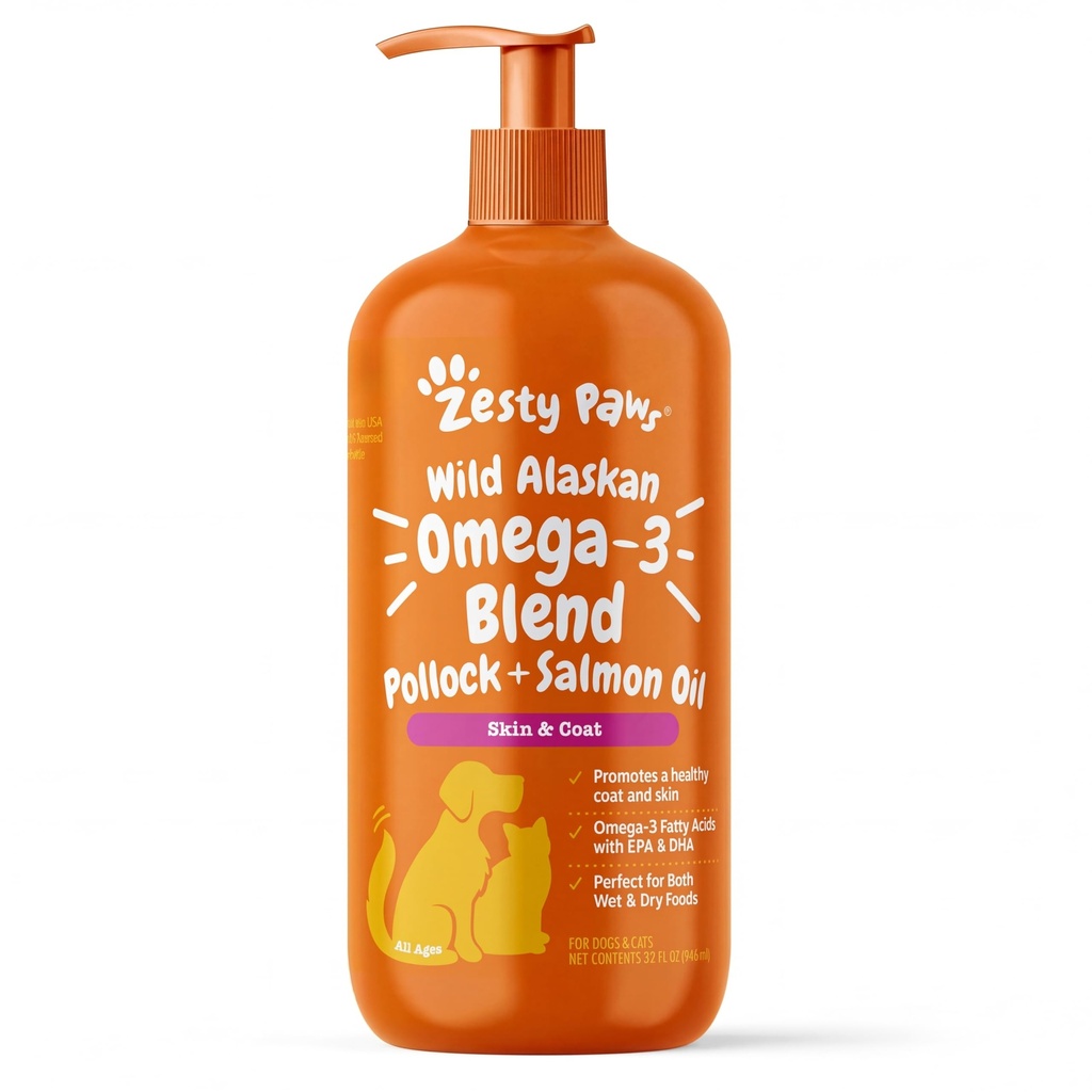 Zesess Paws Wild Alaska Omega-3 Blend Pollock + Salmon Oil for hunde og katte - Hud og Coat Support, Omega 3 Supplement til Kæledyr, 32oz