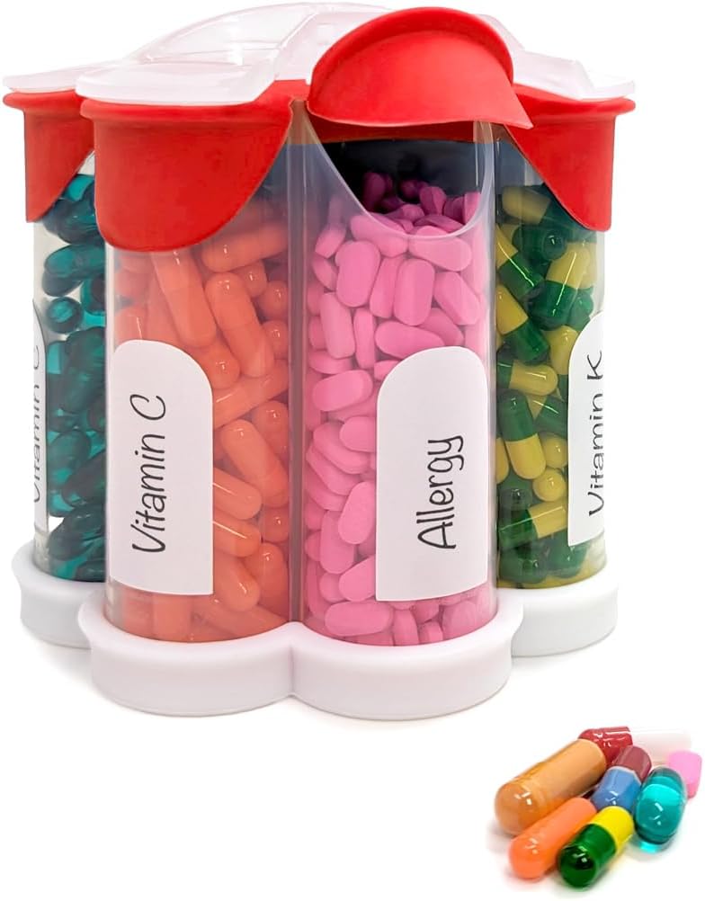Ekstra Stor Pill Organizer Daglig, Ugentlig, Månedlig Supplement Flaske, Cute Blossom Pill Dispenser med 7 XL kompartmenter, Easy- Open Pill Box for Vitaminer, Medicin, Etiketter inkluderet (rød)