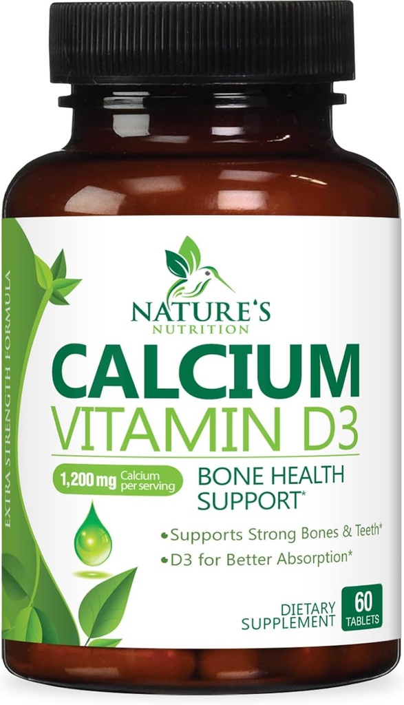 Calcium Supplement 1200 mg - med vitamin D3 for bedste absorption - understøtter immunforsvar, knogler og tænder - naturens calciumcarbonat + 1600 IE D3 - flaske i USA til kvinder og mænd - 60 tabletter