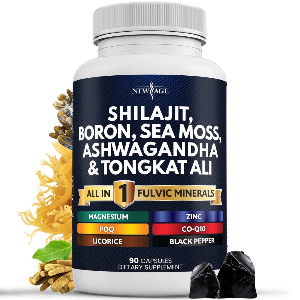 NEW AGE Shilajit Supplement med Sea Moss, Ashwagandha, Tongkat Ali, Boron, Magnesium - Fulvic syre kapsler til mænd - 90 Greve