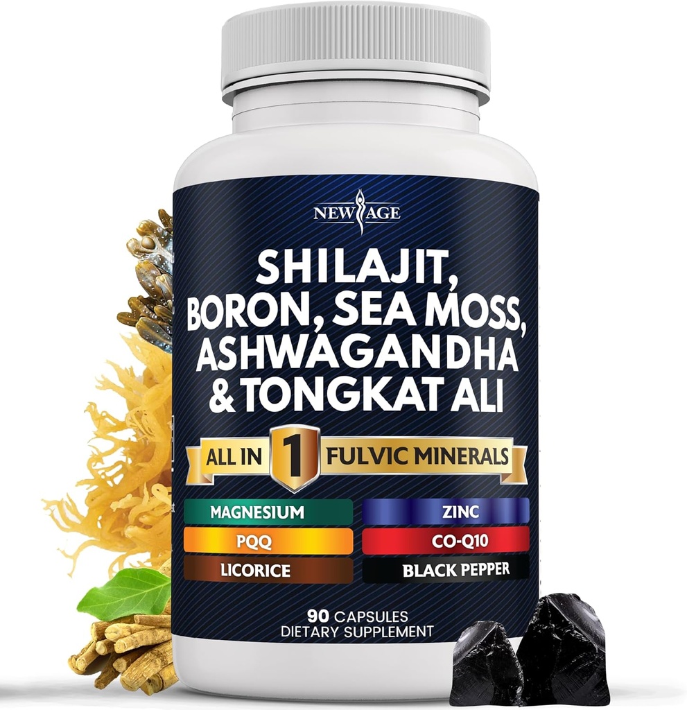 NEW AGE Shilajit Supplement with Sea Moss, Ashwagandha, Tongkat Ali, Boron, Magnesium - Fulvic Acid Capsules for Men - 90 Count