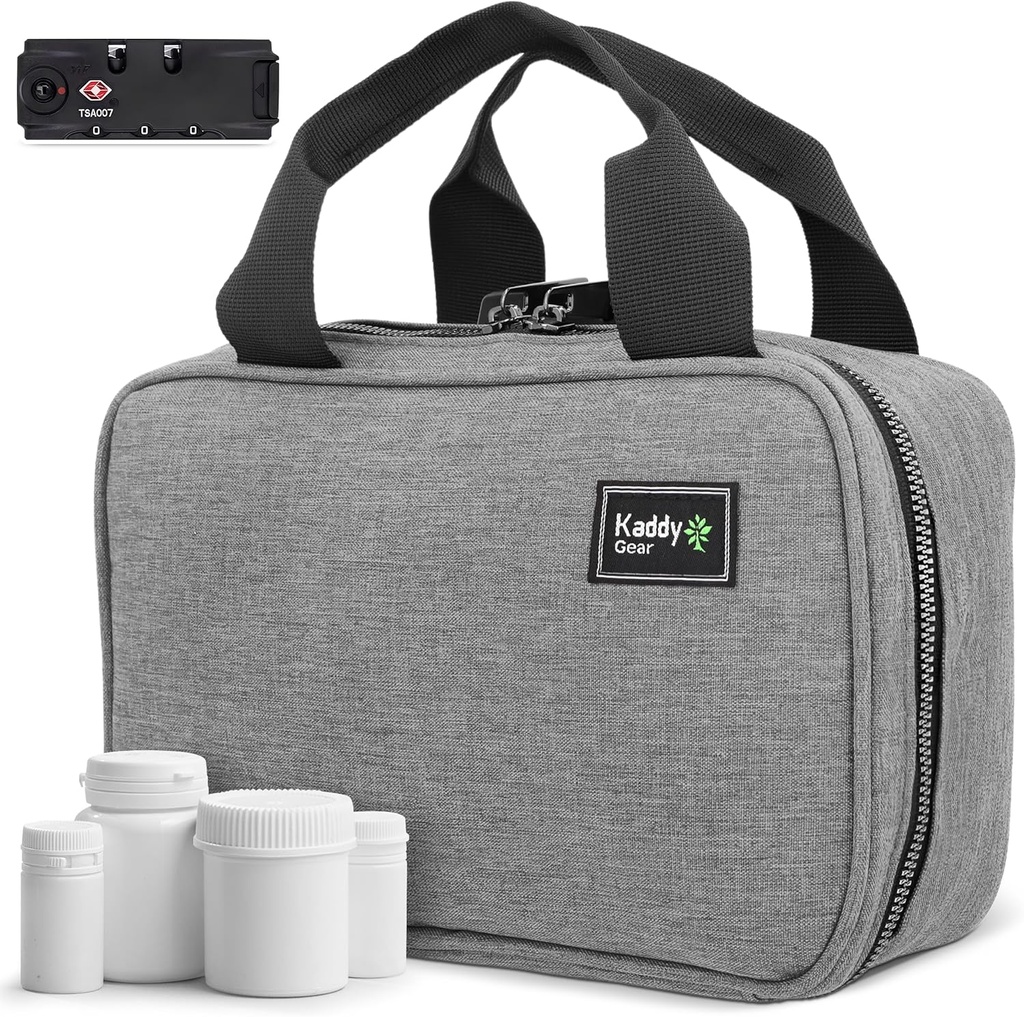 Kaddy Secure Pill Organizer Box, Opbevaring for flasker af medicin eller kosttilskud; toilettry; Rejser eller hjem, TSA godkendt lås (Grey)