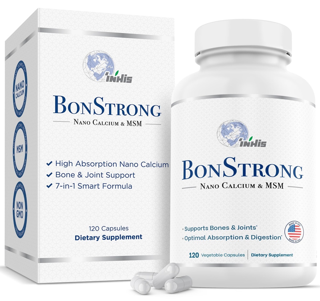 Nano Calcium supplement - 7-in-1 Knoglestøtte med MSM, Vitamin D3, K1, Magnesium, Zink - Høj Absorption Calcium til kvinder & mænd - Vitaminer til knogler og joints - Made in USA - 120 Kapsler