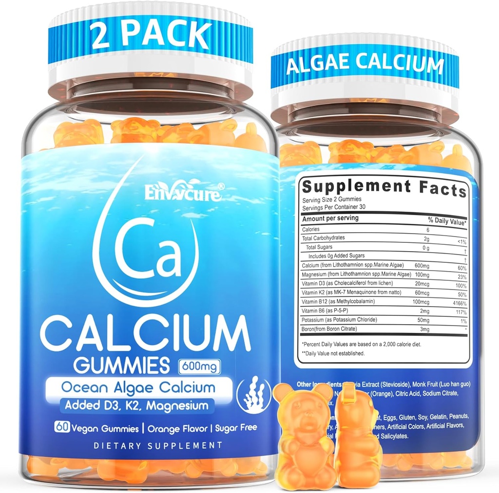 Calcium Gummies 600mg - Calcium supplement til kvinder, Ocean Algae Calciumcarbonat 124; vitamin D3, K2, Magnesiumcarbonat 124; for ben Styrke, Muskel & Immnue