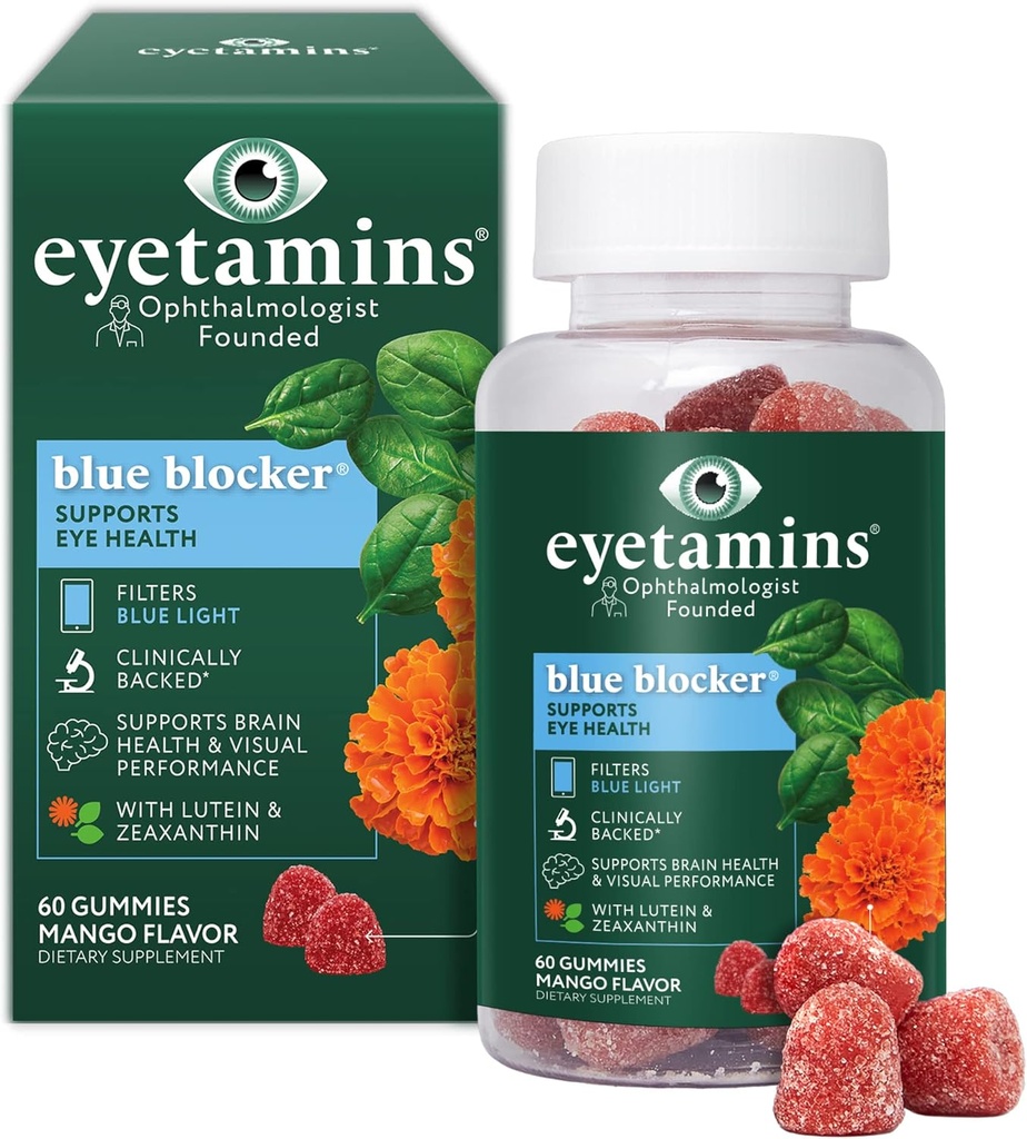 Eyetamins Blue Blocker ® Eye Health - 60 Lutein Gummies - Ophthalmologist-Udviklet - Support Vision, Filter Blue Light & Help Eye Strain - fremmer søvn, Focus Eyesight - Vegan & Non- GMO formel