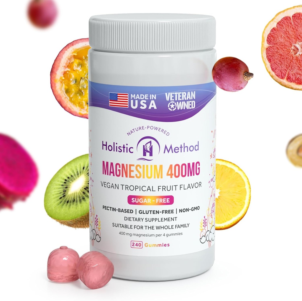Magnesium Citrate Gummies - sukkerfri, Vegansk og ikke-GMO for bedre søvn og afslapning - Ingen sukkeralkohol - Magnesiumtillæg til voksne, teenagere og børn - Tropiske frugter - 240 tykkere