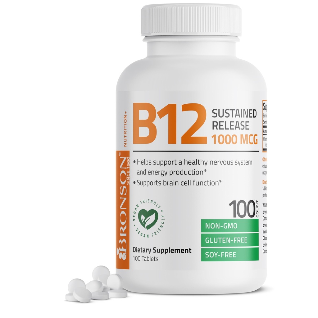Bronson Vitamin B12 1000 mcg Vedvarende frigivelse Premium Non GMO tabletter understøtter nervesystemet, sund hjerne funktion og energiproduktion, 100 Greve