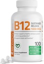 Bronson Vitamin B12 1000 mcg Vedvarende frigivelse Premium Non GMO tabletter understøtter nervesystemet, sund hjerne funktion og energiproduktion, 100 Greve
