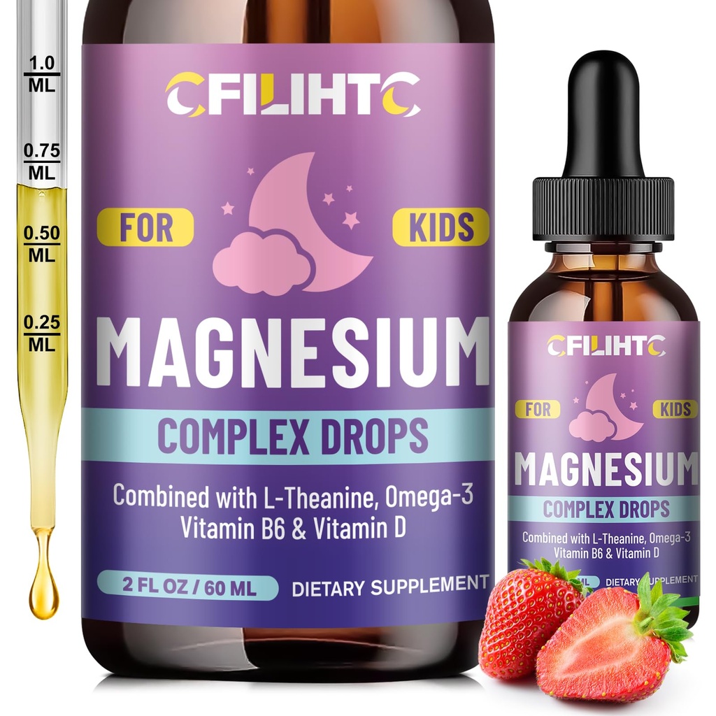 Kids Magnesium Væske Drops - Magnesium Glycinate Væske til børn Supplement- w / L- theanin, Omega-3, Vitamin B6, D3 - til søvn, afslapning, hjerne, Bones - 2 Fl Oz Children 's Calm, Strawberry Flavor