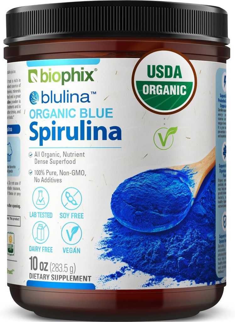 biophix Blue Spirulina Powder Organic Blulina 10 oz - Alger Organic Spirulina Powder 283 Servering - Superfood supplement - Natural Blue Pigment - Espirulina en Polvo Organica Pura Azul