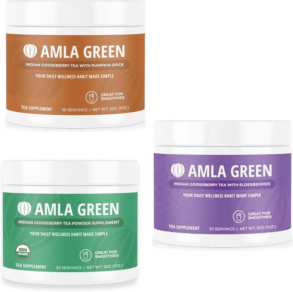 Amla Powder, Green Tea Superfood supplement med Græskar Spice & indiske Gooseberries & Elderberry, Organic, Vegan, 30 Servere