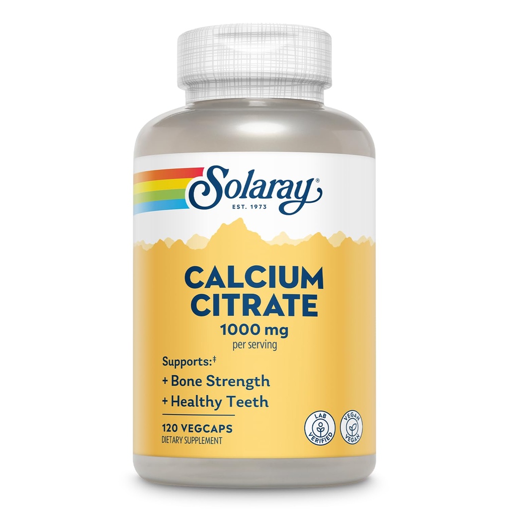 Solaray Calcium Citrate 1000mg - Chelated Calcium Supplement - Understøtter Knoglestyrke og sunde tænder - Nem til det daglige - 60- dag garanti, Vegan - 30 Servere, 120 VegCaps