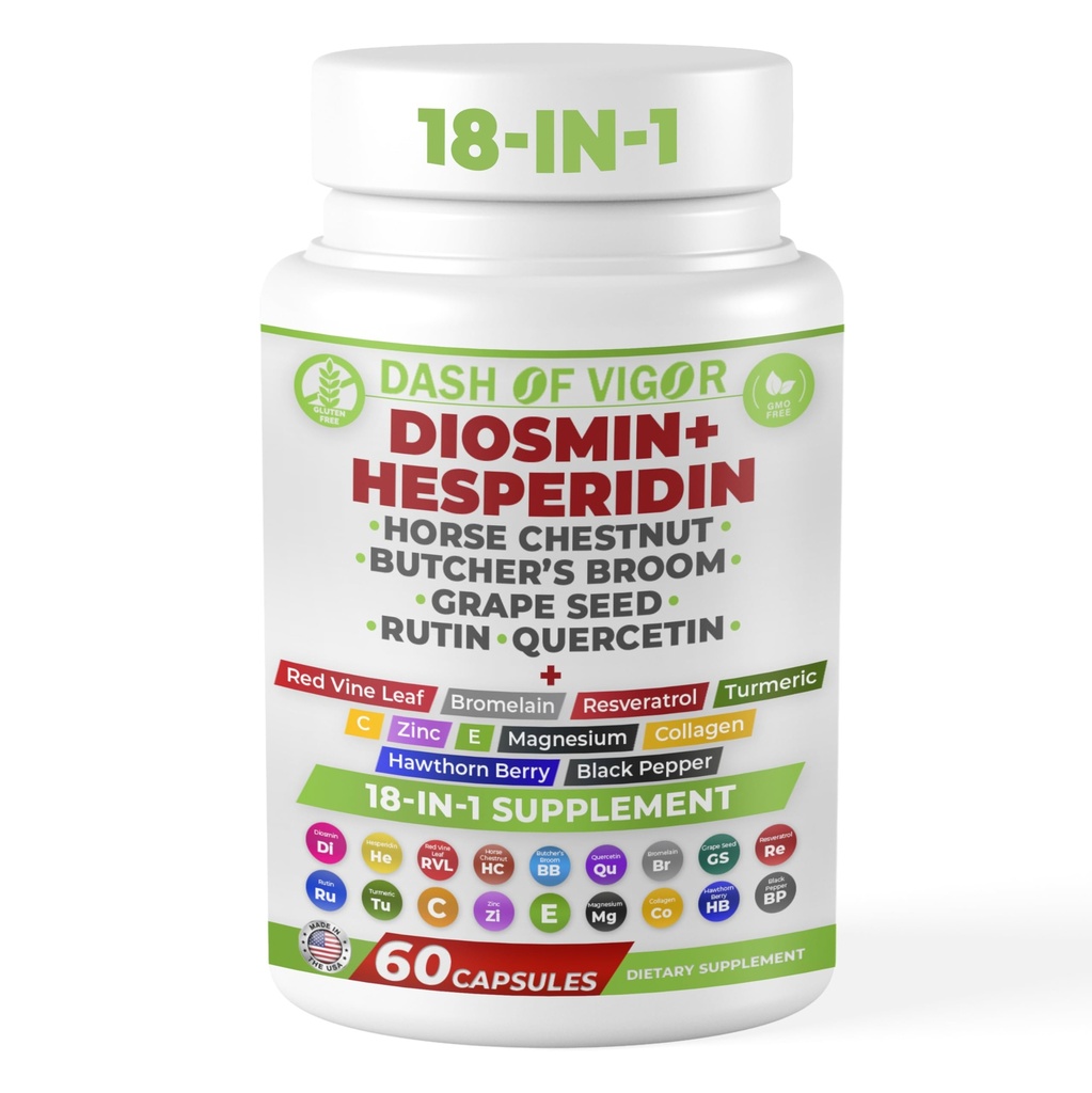 Dash of Vigor 18- in-1 Diosmin Hesperidin Supplement, Quercetin med bromelain, Zink, C-vitamin med Rutin Supplement, Horse Chestnut Extract, Slagterum Breom Extract, USA, 60 Kapsler