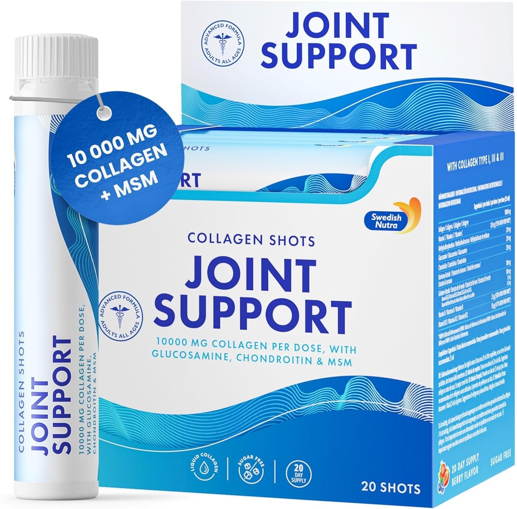Swedish Nutra - Joint Support Shots I 10. 000 mg Collagen Type I, II & III I Glucosamin, MSM, Chondroitin, Turmerisk I 100% Natural Flavour I Sugar- Free - 20 Shots per box