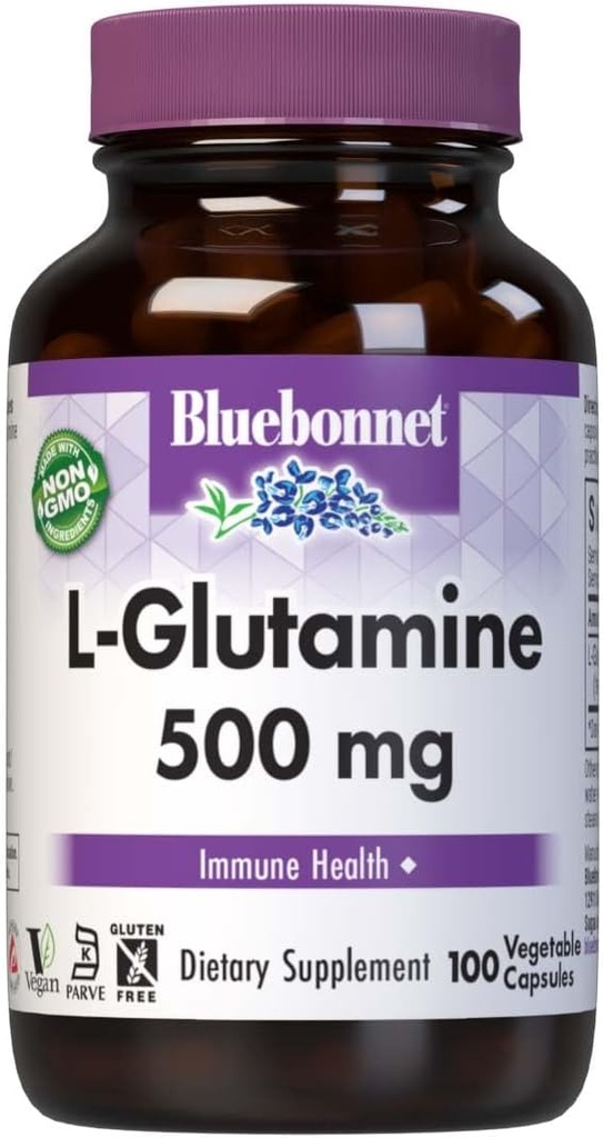 Bluebonnet Nutrition L- Glutamin 500mg, Understøtter immunfunktion *, Nitrogen Transporter *, Soy- Free, Gluten- Free, Non- GMO, Kosher Certified, Vegan, 100 Vegetabilske kapsler, 100 Servere