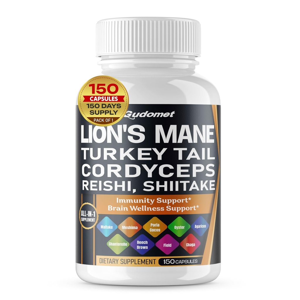 Organic Lions Mane Turkey Tail Cordyceps Reishi Shiitake Maitake Meshima Poria Cocos Oyster Mushroom Agaricus Chaga Shiitake Snow Mushroom -150 Capsules - Made in USA