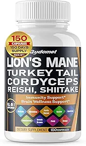 Organic Lion's Mane Turkey Tail Cordyceps Reishi Shiitake Maitake Meshima Poria Cocos Oyster Mushroom Agaricus Chaga Shiitake Snow Mushroom -150 Capsules- Made in USA