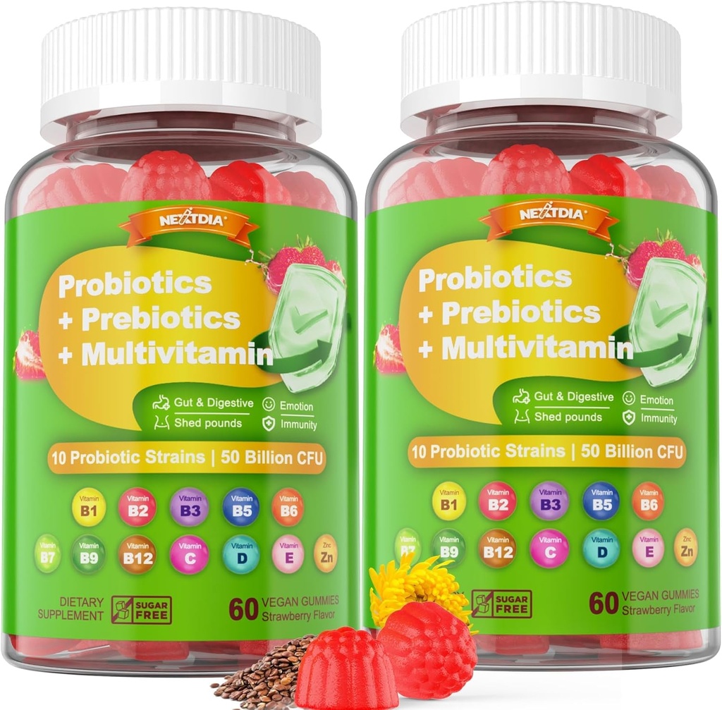 Vegansk Probiotika Gummies for kvinder & mænd - Fiber Prebiotics Supplementary 124; 50 Millioner CFU 'er Probiotika, Inulin, Psyllium Husk & Multivitamin for Gut, fordøjelse og immunforsvar Sundhed, 2 Pack