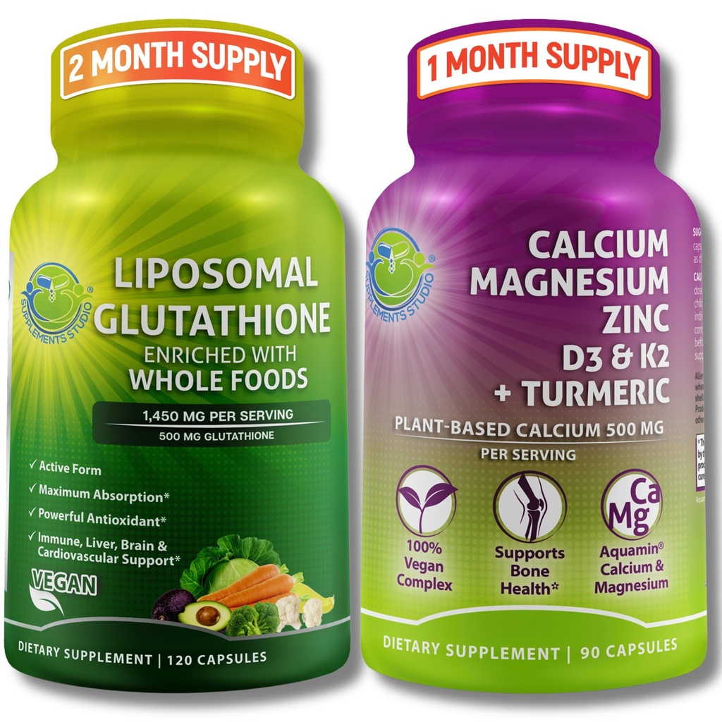 TILLÆG STUDIO Liposomal Glutathione 500mg Beriget med økologiske hele fødevarer + Plant- baseret calcium, Magnesium, zink, D3 & K2 med gurkemeje - Vegan, Non- GMO, Ren daglig wellness support