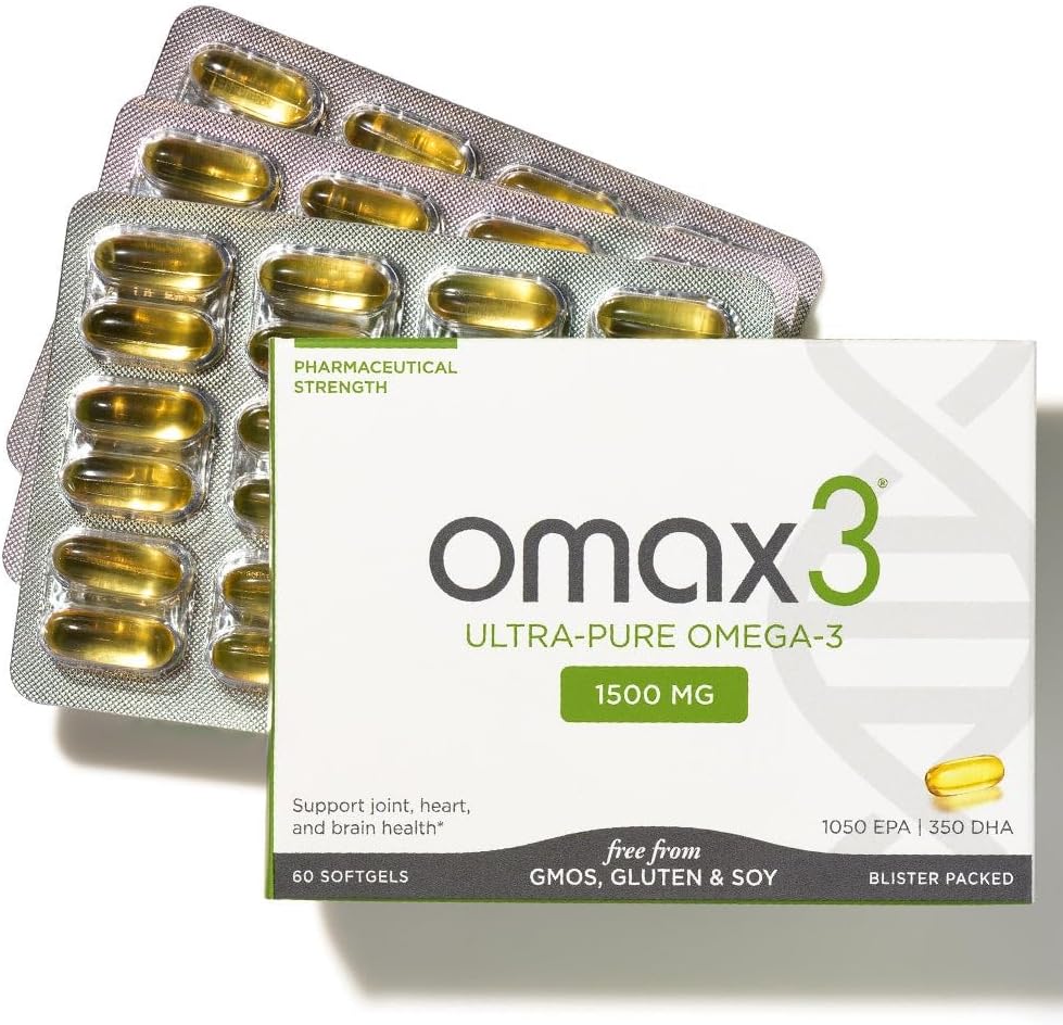 Omax3 Natural Omega 3 Fish Oil Pills 1500 MG EPA DHA - Omega3 Fedtsyretilskud Muskel & Fælles - Gluten Free, Wild Caught, Non GMO, 30- Day Supply Blister Pakket (1 Box)