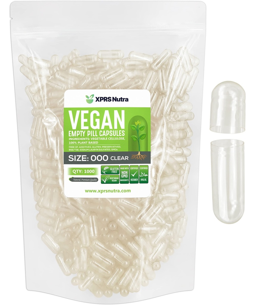 XPRS Nutra Vegan Størrelse 000 Tomme kapsler - 1000 Grev Tomme Veganske kapsler - Vegetarisk - DIY Vegetabilsk Kapsel Fyldning - Veggie Pille Caps piller