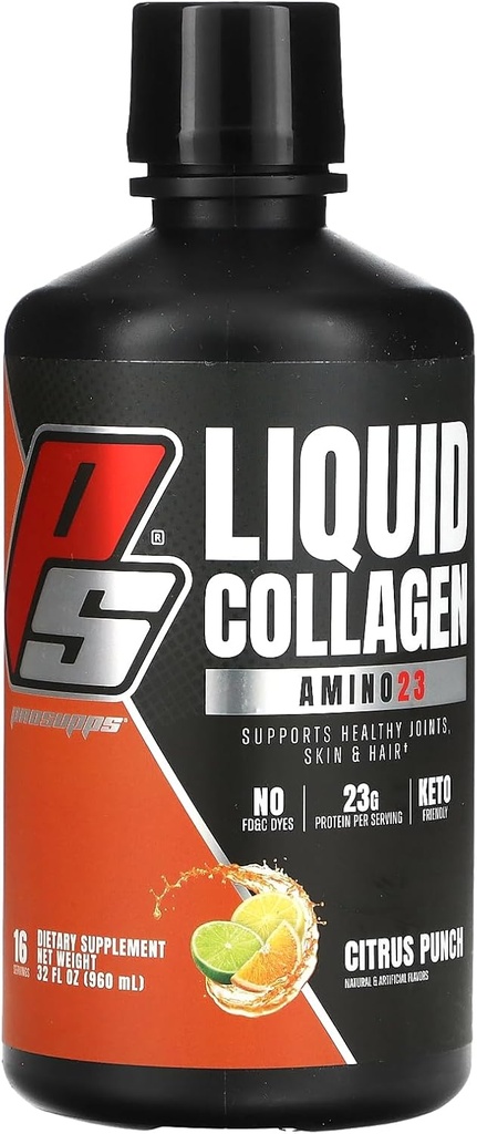 PROSUPPS Amino23 Flydende Collagen Skud, Citrus Punch - Collagen Peptid Post Workout supplement understøtter sund aldring, Joints, Hud & hår - Gluten- Free & Zero Sugar - 16 Serveringer