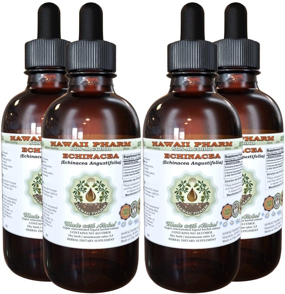 Echinacea Alkohol- Free Liquid Extract, Echinacea (Echinacea Angustifolia) Tørret Root Glycerite Hawaii Pharm Natural Herbal Supplement 4x4 oz