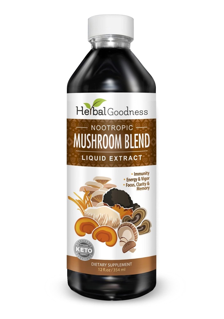 Nootropic Mushrooms, Lions Mane, Lion's Mane Mushroom Supplement, Mental Clarity and Focus Supplements, Immune Support, Mushroom Blend Extract, Lion Mane Mushroom Supplement - Herbal Goodness 12oz