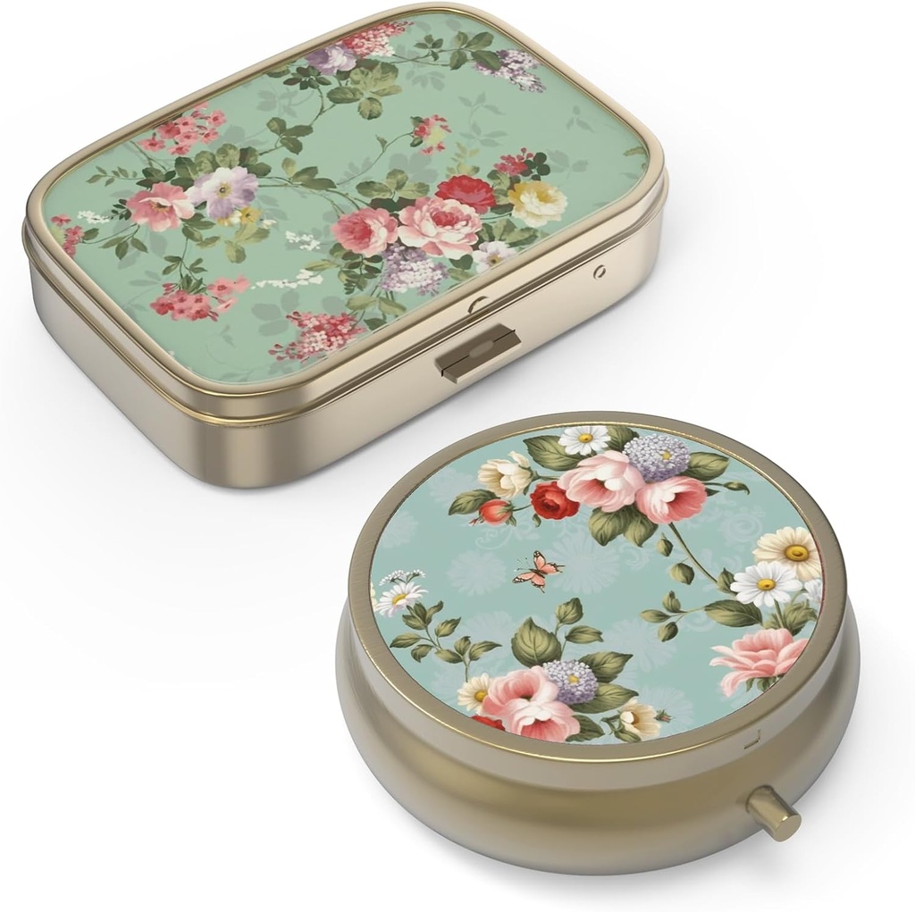 Pill Case Pill Box med spejl Retro Small Pill Case til purse eller Pocket Bronze Pill Box eller vitaminer, fiskeolie, kosttilskud, Pill Containe Travel Gaver