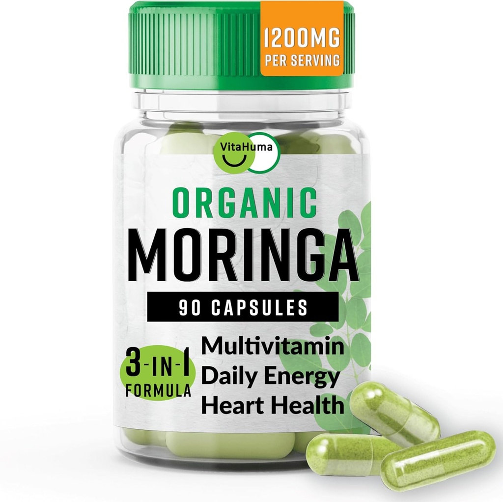 Organic Moringa, Nutrient- Dense Antioxidant Support with Vitamin C, A, E, Calcium, Kalium, Jern, Magnesium, Protein & Aminosyrer til Hydration & Energy, Vegan, 1200 MG Per Serving, 90 CT
