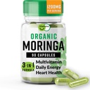 Organic Moringa, Nutrient- Dense Antioxidant Support with Vitamin C, A, E, Calcium, Kalium, Jern, Magnesium, Protein & Aminosyrer til Hydration & Energy, Vegan, 1200 MG Per Serving, 90 CT