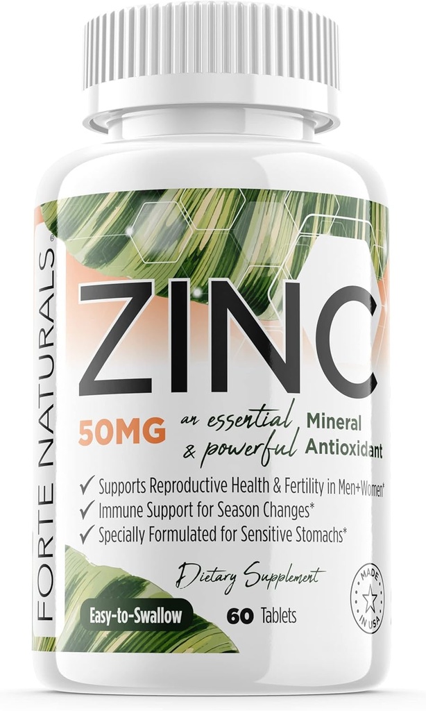 Zink 50mg, (60 tabletter), specielt formuleret til sensitiv mave, immunstøtte, hud & hår, Vegansk Zink supplement, Non- GMO Made in USA