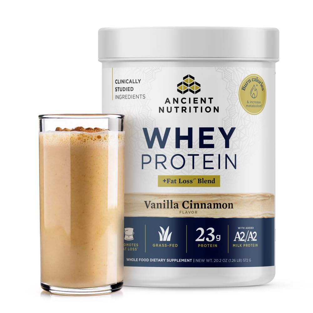 Ancient Nutrition Græs Fed Whey Protein + Fat Loss Blend, Vanilla Kanel, 23g Protein, fremmer fedt tab og Boost Metabolisme, Økologisk Regenerativ A2 / A2 Milk Protein, 18 Servere