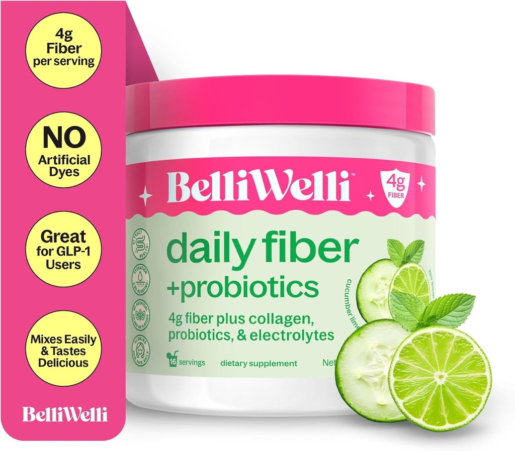 Belli Welli Fiber tillæg for kvinder & mænd - Premium Daily Fiber Powder fra Organic Acacia med Tilføjet Collagen, Electrolytes & Probiotics - Ingen Bloat, Forstoppelse & Gut Health Support (Cuckumber)