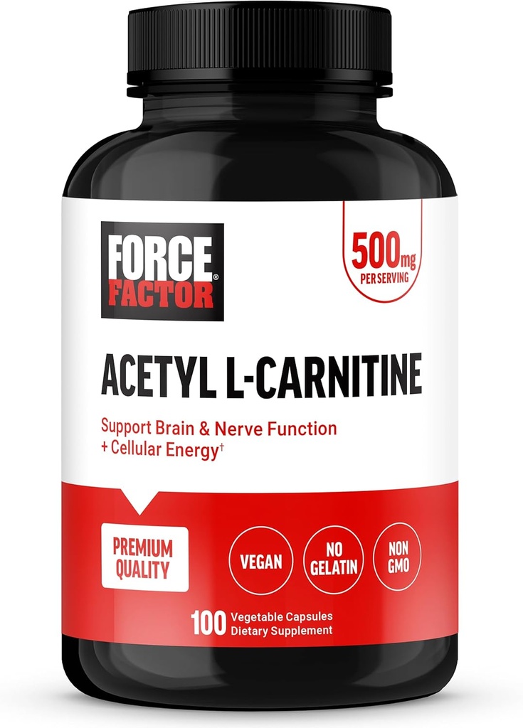 Kraftfaktor Acetyl L- Carnitin Brain Supplement, Nerve Support, og Cellulær Energy Booster, Acetyl L- Carnitin 500mg, Premium kvalitet, Vegan, Non- GMO, 100 Vegetabilske kapsler