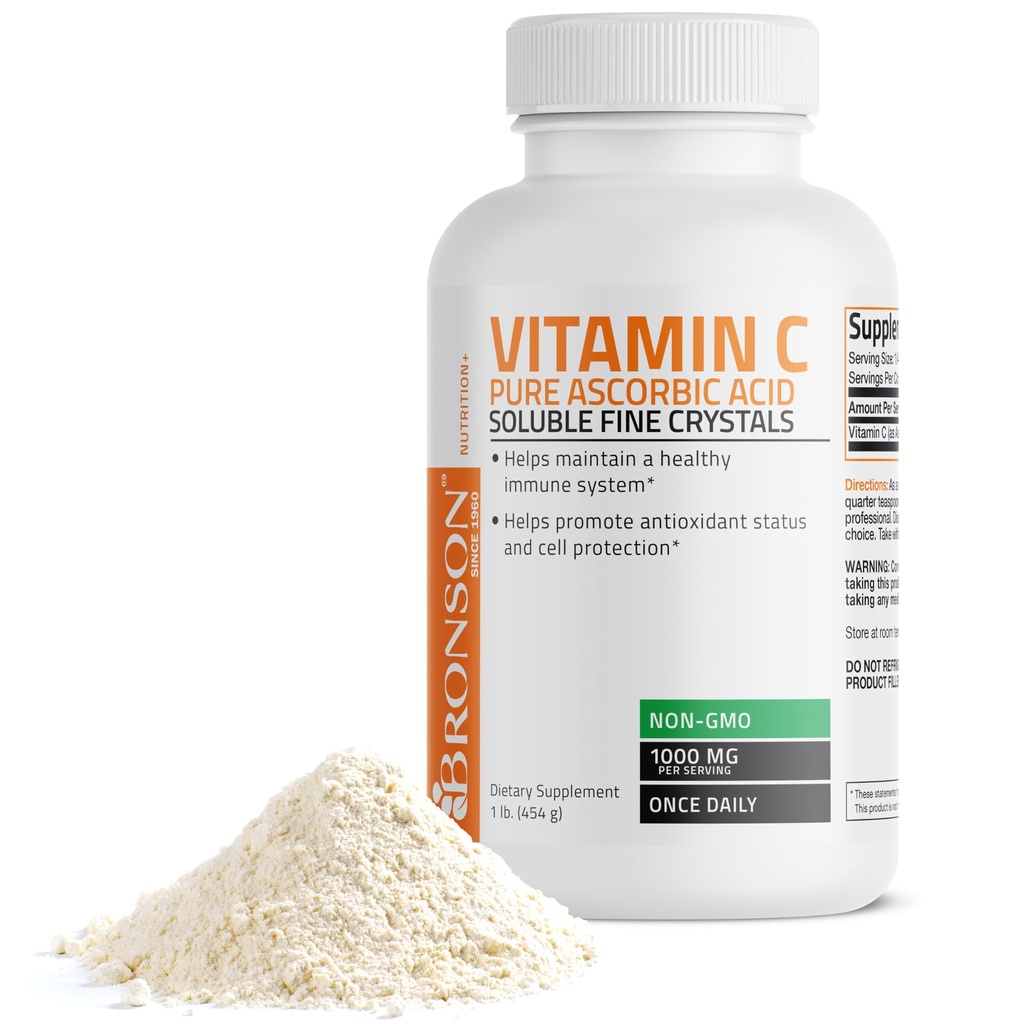 Bronson C-vitamin Pulver Pure Ascorbic Acid Opløselige Fine Non GMO krystaller - fremmer sund immunsystem og cellebeskyttelse - Kraftfuld antioxidant - 1 pund (16 ounces)
