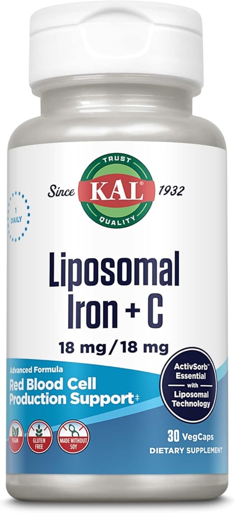 KAL Liposomal Iron Supplement med Liposomal Vitamin C, Jern supplement til kvinder og mænd, Høj Absorption, Gentle Iron Pills, Vegan, Gluten Free, 30 Servere, 30 VegCaps