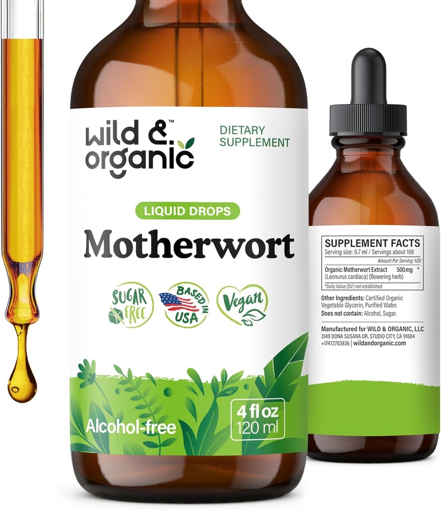 Wild & Organic Moderwort Tinktur - Good Mood, Calmness, Samlet støtte - Kosttilskud til kvinder med moderwort Herb - Vegan, Sukker & Alkohol- Free Extract Drops - 4 fl oz