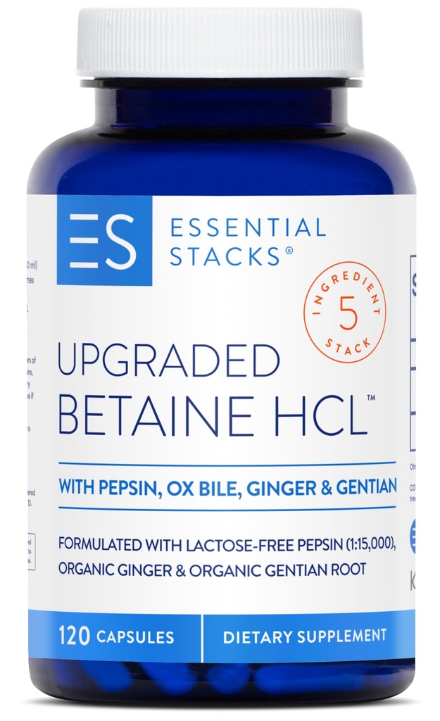 Væsentlige stakke Betaine HCL med pepsin, Ox Bile, Organic Gentian & Ginger - Betaine Hydrochlorid Supplement w fordøjelsesenzymer, Bile & Bitters - Gluten, Dairy & Soy Free (120 kapsler)