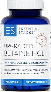Væsentlige stakke Betaine HCL med pepsin, Ox Bile, Organic Gentian & Ginger - Betaine Hydrochlorid Supplement w fordøjelsesenzymer, Bile & Bitters - Gluten, Dairy & Soy Free (120 kapsler)