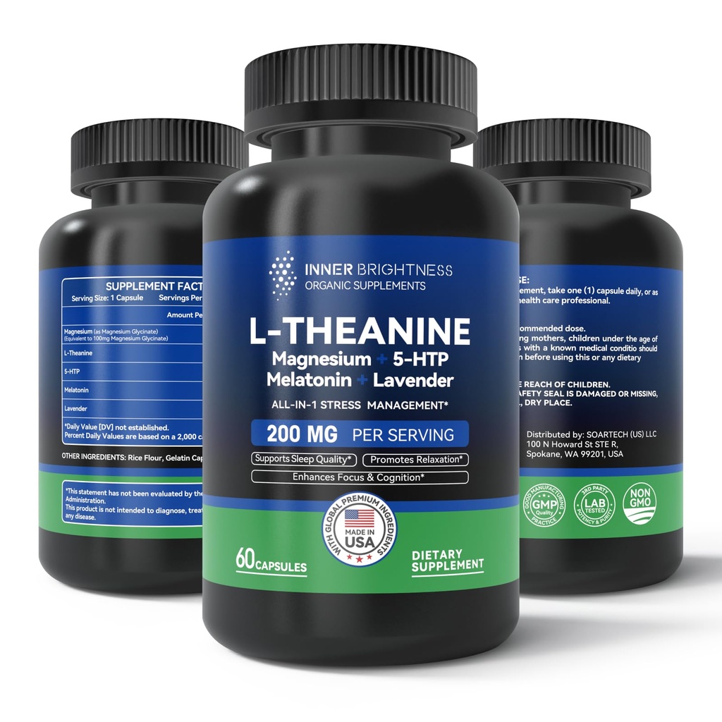 L Theanin 200mg, Magnesium, 5- HTP & Melatonin - All- in-1 L- Theanin Supplement for Stress Relief, Focus & Cognition, Sleep - 60 kapsler