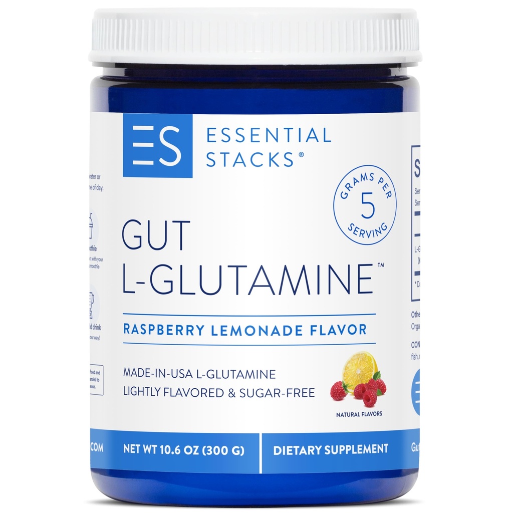 Essential Stacks Gut L- Glutaminpulver - Eksklusivt Lavet i USA - Pure L Glutaminpulver til Gut Sundhed (50 Servere, Raspberry Lemonade)