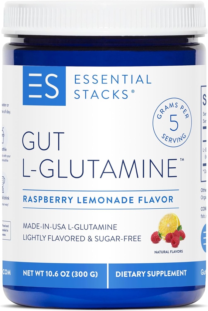Essential Stacks Gut L- Glutaminpulver - Eksklusivt Lavet i USA - Pure L Glutaminpulver til Gut Sundhed (50 Servere, Raspberry Lemonade)