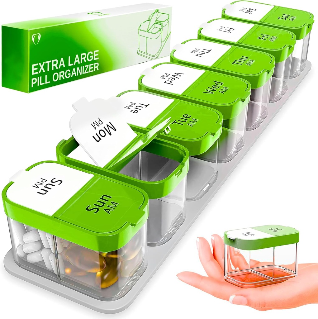 Ekstra Stor Ugentlig Pill Organizer - XL Vitamin Holder med 7 Aftagelige AM PM Compartments - Portable Medicin Dispenser til Hjem og Rejser, Big Supplement Container til Ugentlig eller Daglig brug, Grøn