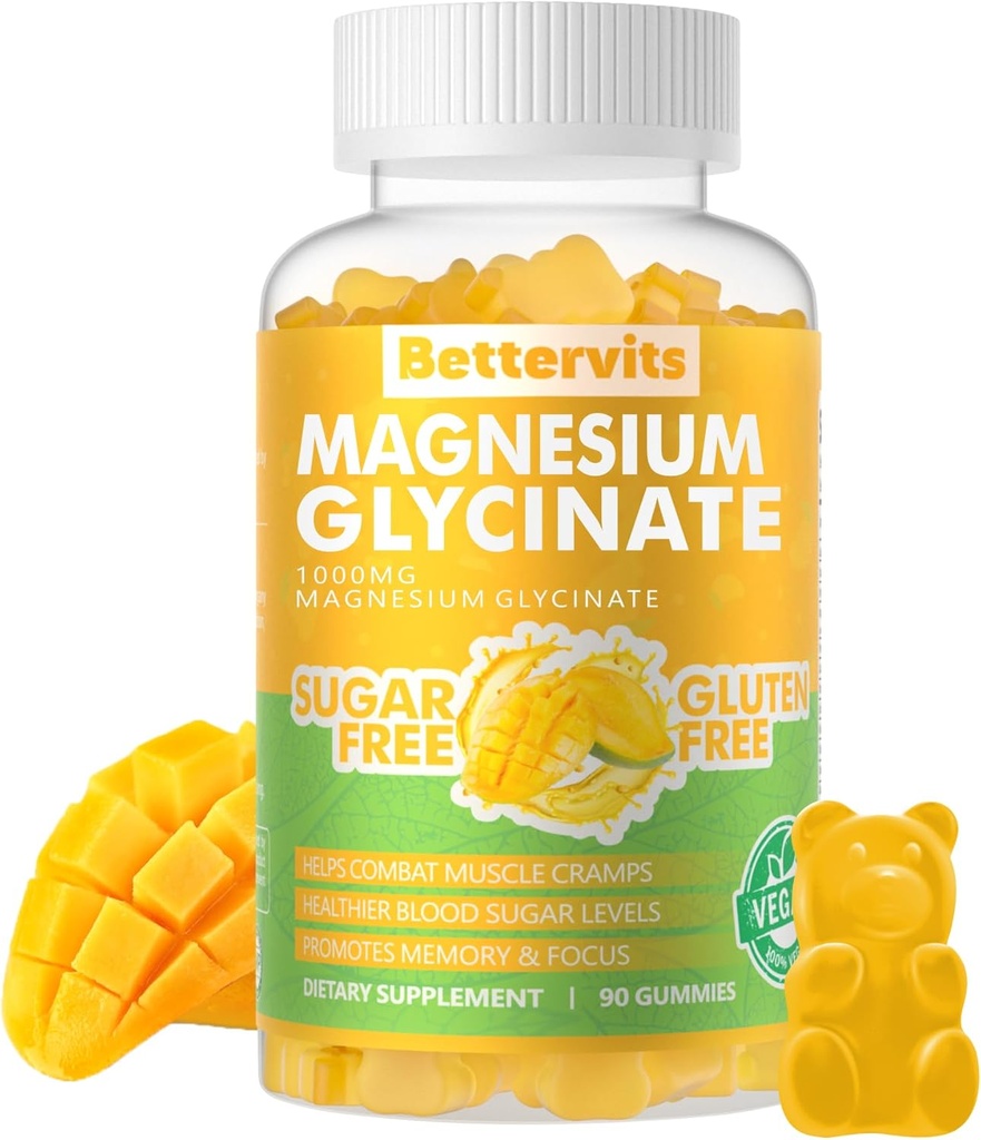 90 CT Magnesium Glycinate Gummies 1000mg - Sugar Free Magnesium Potassium Supplement with Vitamin D, B6, CoQ10 for Calm Mood & Sleep Support - 90 Mango Pineapple Gummies