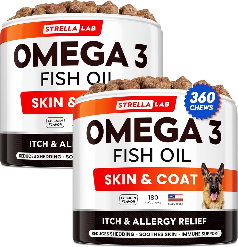 STRELLALAB Omega 3 for hunde - (360Ct) Fish Oil Treats - Allergi & Itch Relief Skin & Coat Supplement - Tør Itchy Skin, Anti Shedding & Hot Spots Treatment - Pet Salmon Oil Chews - Kylling Flavor
