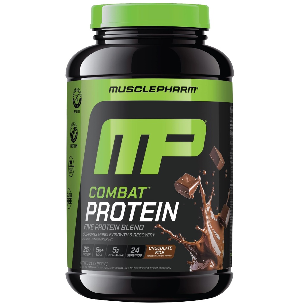 MusclePharm Combat Protein Powder, Chokolade Milk Flavor, Fuels Muscles for Productive Workouts, 5 Protein Kilder herunder Whey Protein Isolate & Egg Albumin, Gluten Free, 2 LB, 24 Servere
