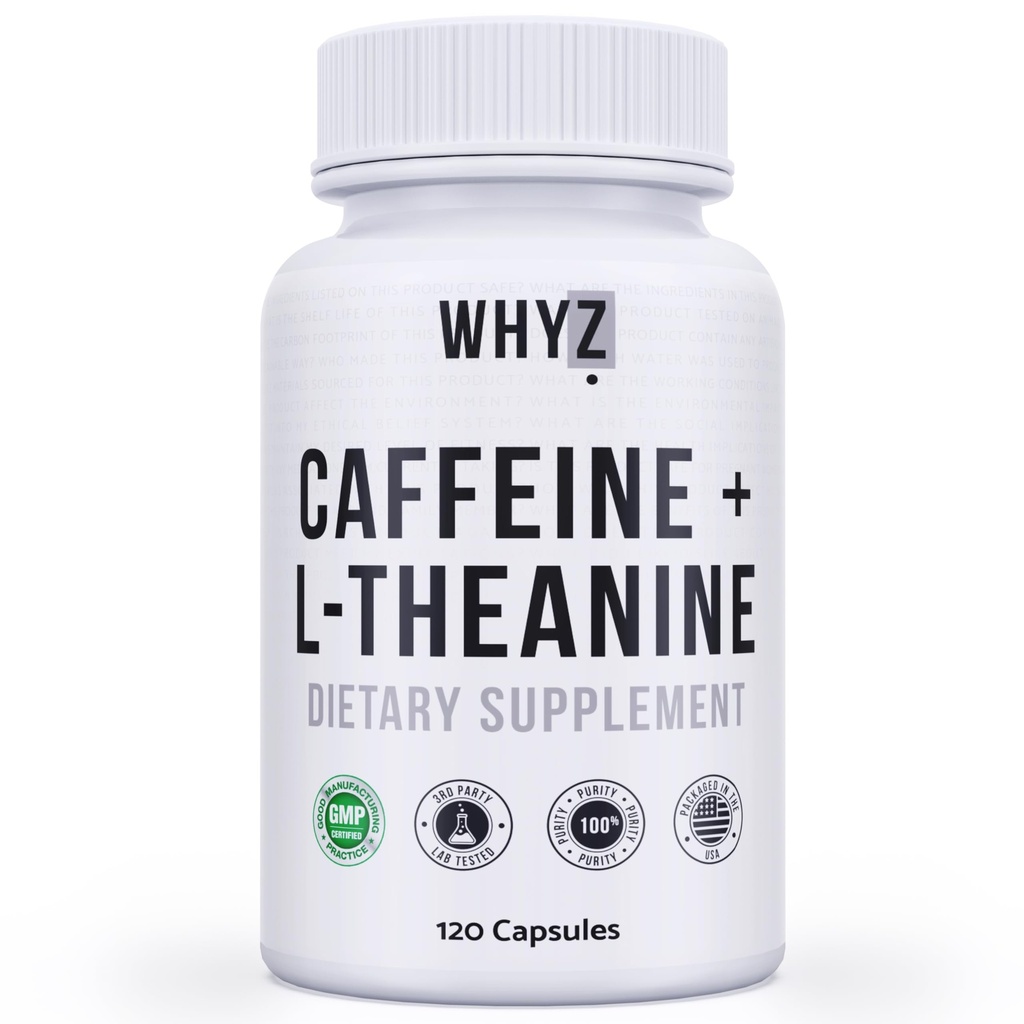 WHYZ Koffein piller med L- Theanin, 120 kapsler, Nootrop Stack energipiller, Energy Vitaminer for vedvarende energi Focus & kognitiv funktion, L Theanine koffein energi kosttilskud til kvinder og mænd